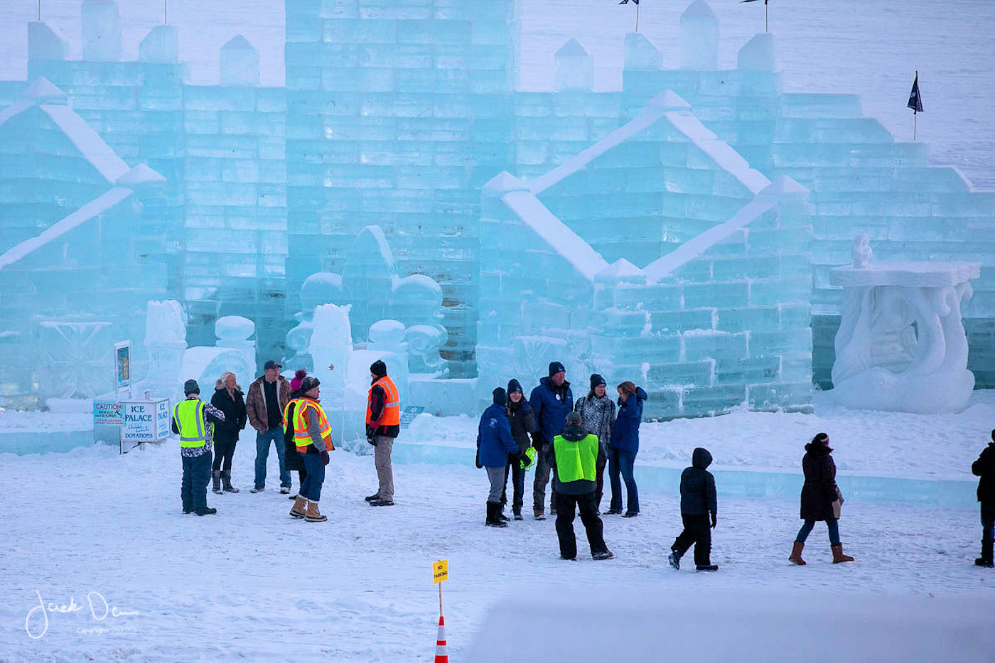 The Polar Fest ice palace on the frozen lake in Detroit Lakes, built from carved ice blocks
