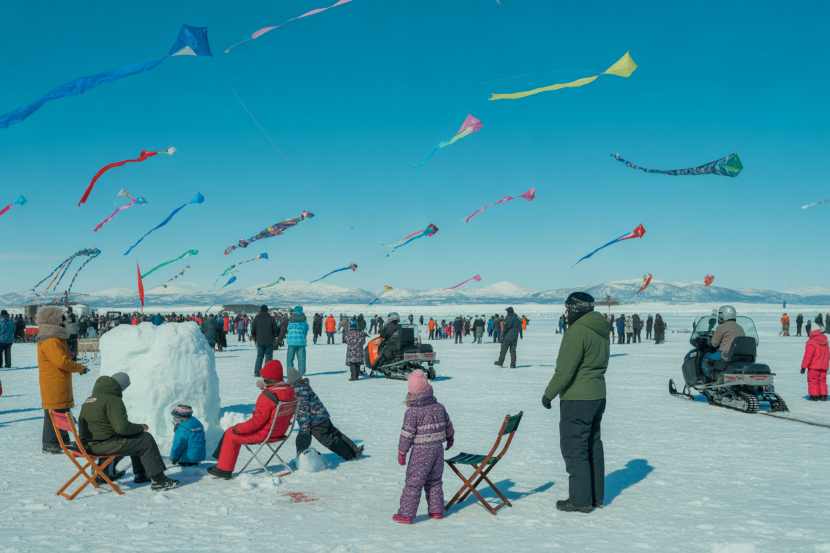 Dozens of colorful kites flying over the frozen lake with families below